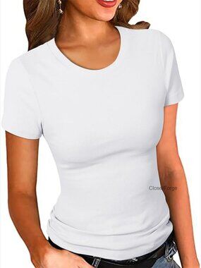 Crew Neck Ribbed Fitted Short Sleeve T-Shirt - Soft Stretchy Basic Top